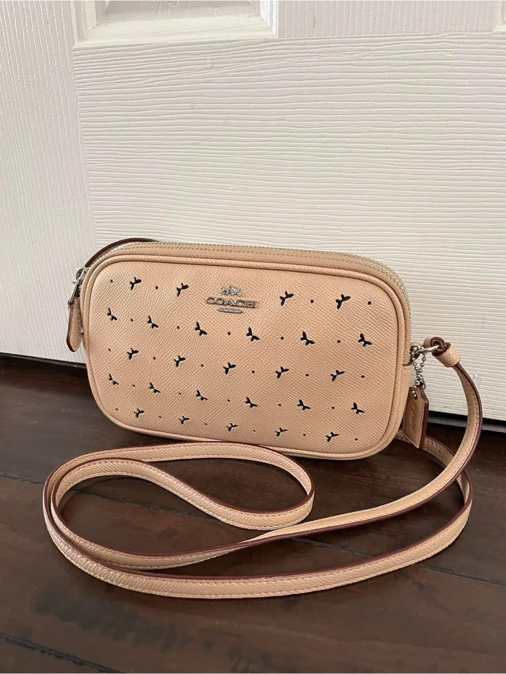 Coach Soft Leather Double Zipped Purse, Crossbody with Perforated Butterflies